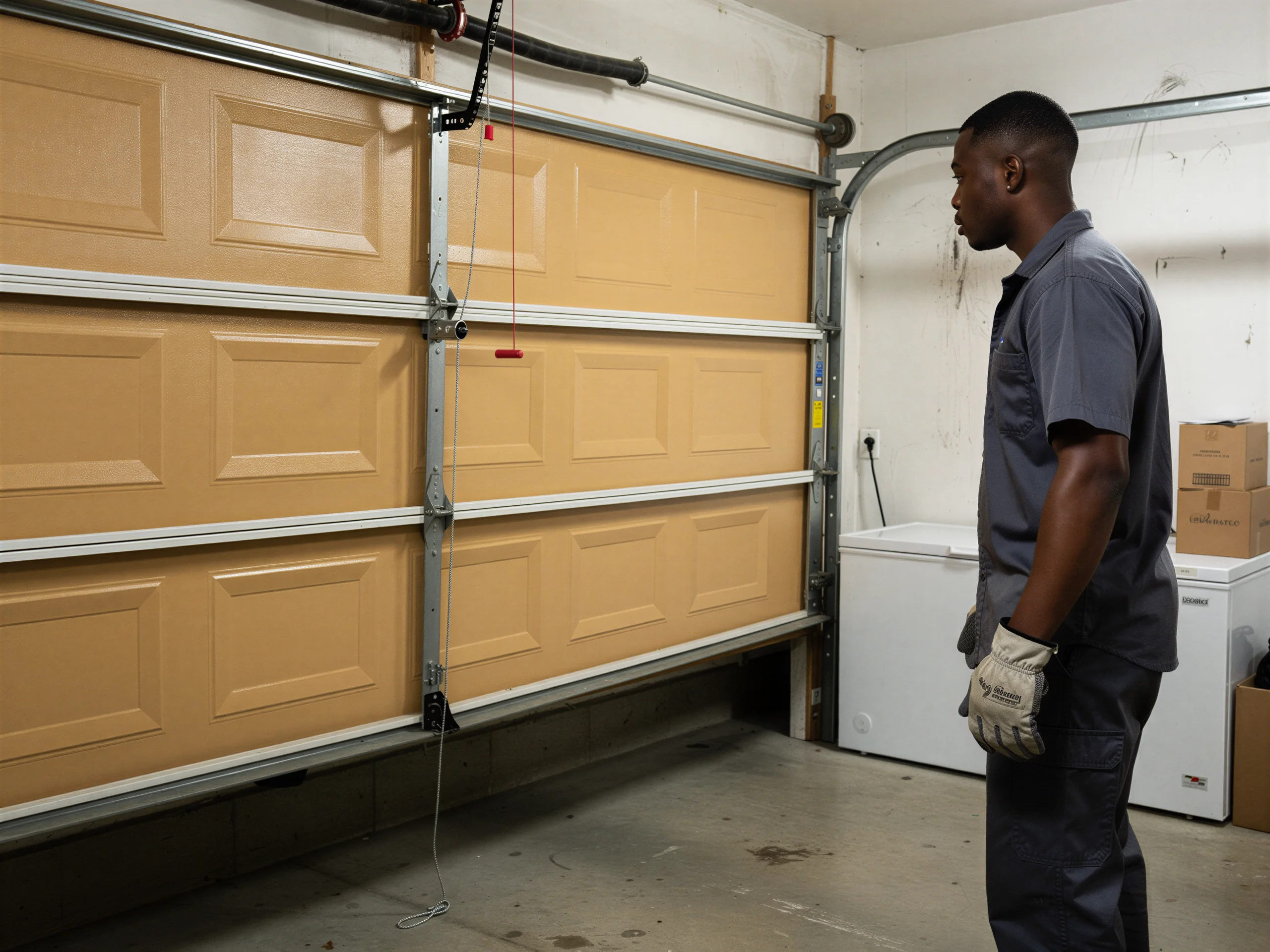 A technician stands next to a partially open tan garage door.