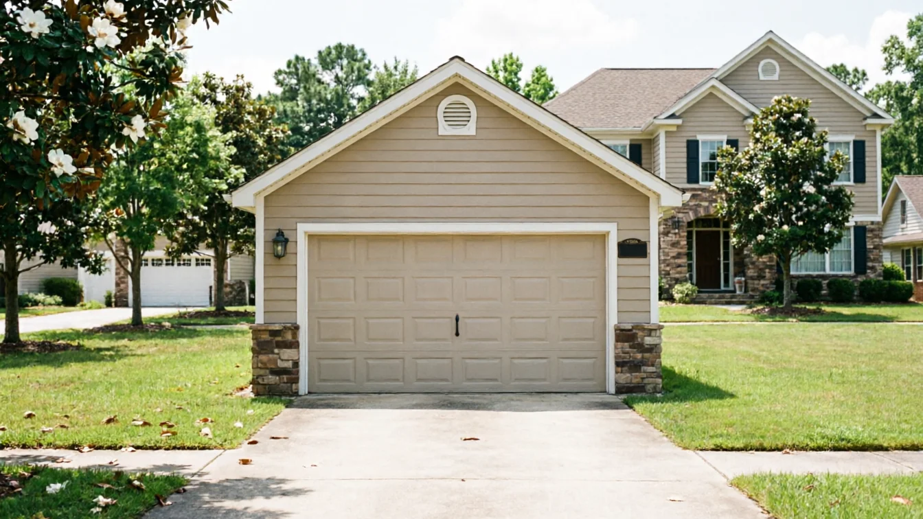 A beige garage door is on a house with stone accents and a green lawn.