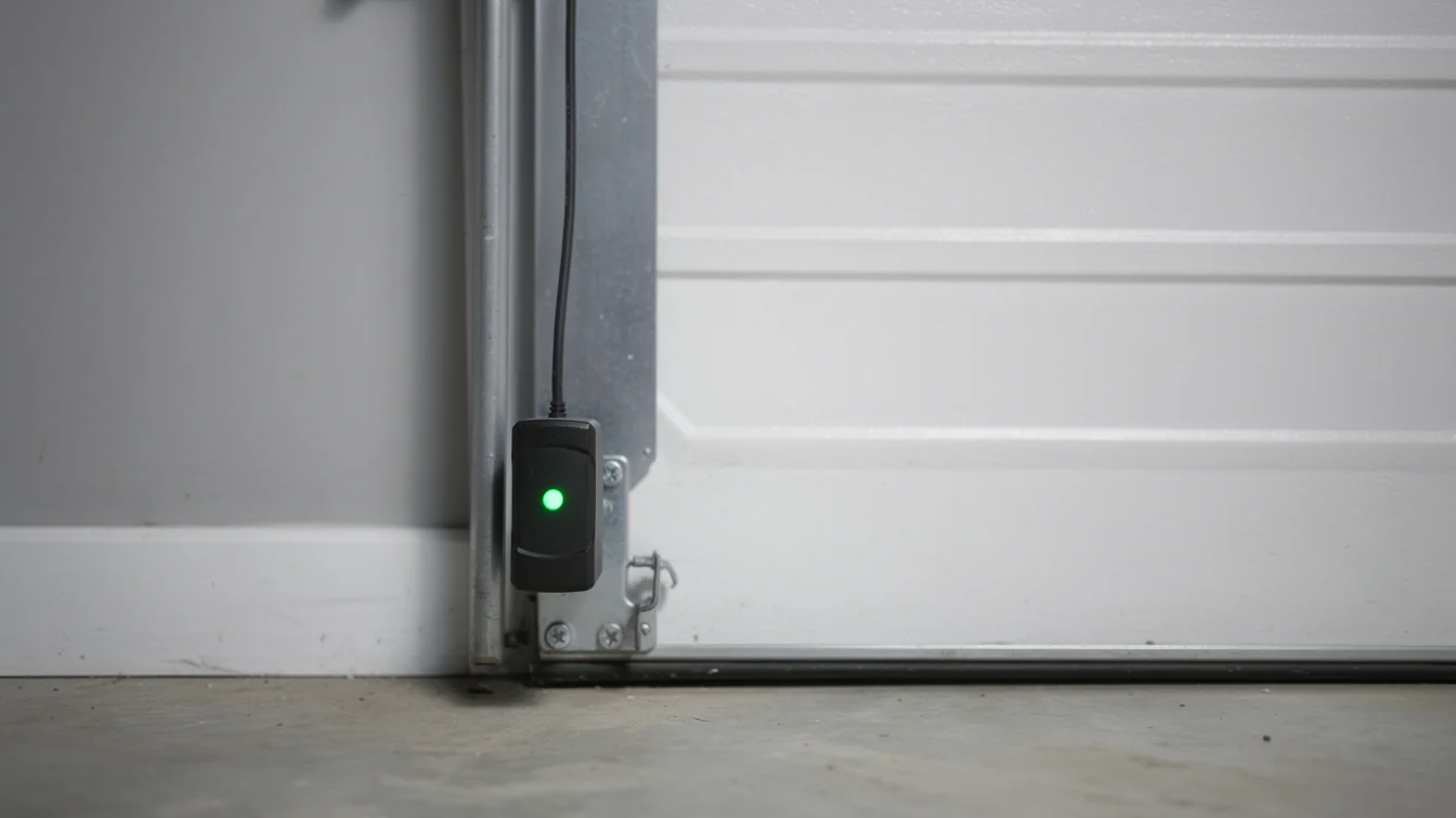A garage door safety sensor with a green light is mounted near the floor.