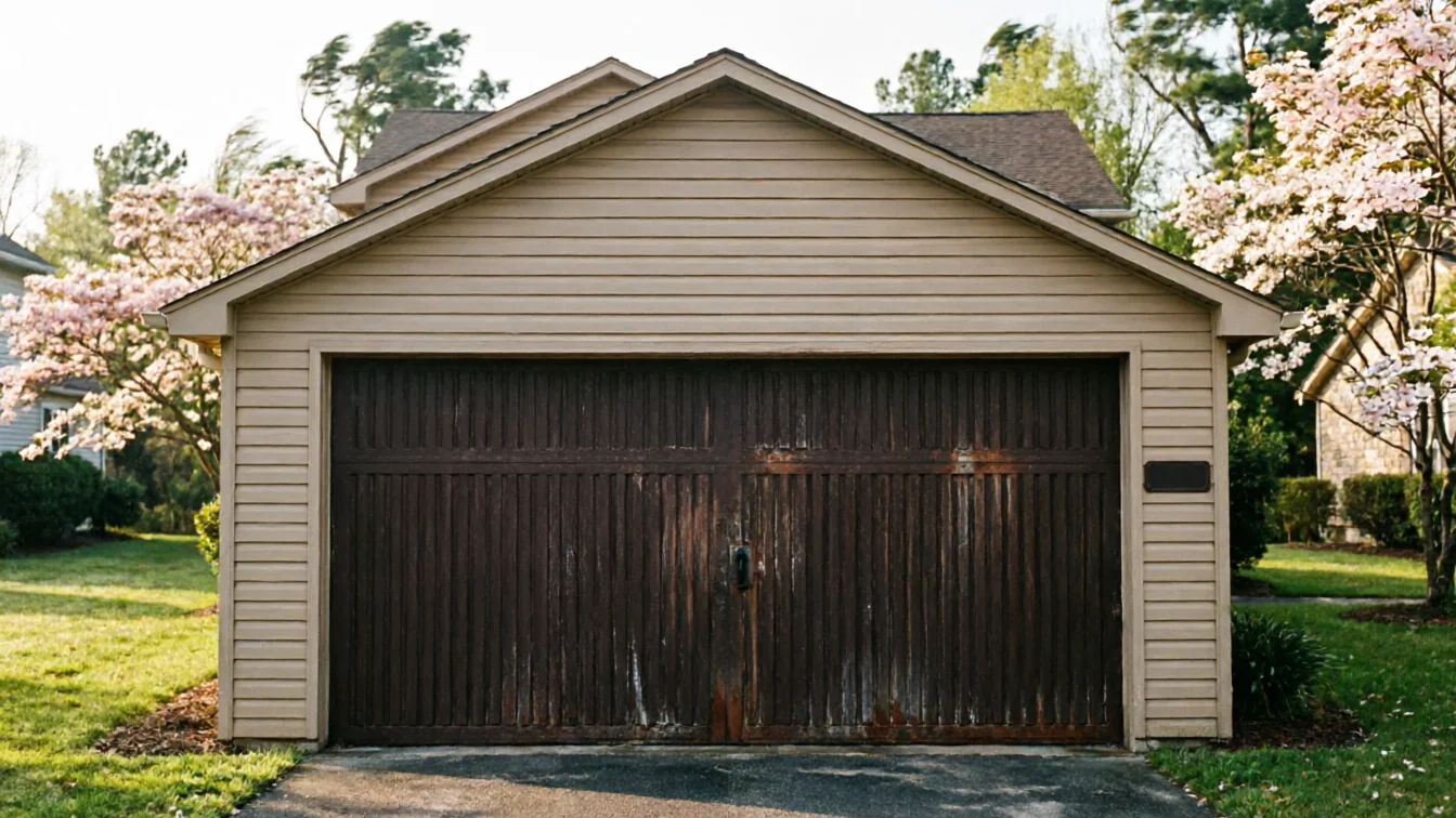 A weathered brown garage door is on a tan garage with a green lawn.