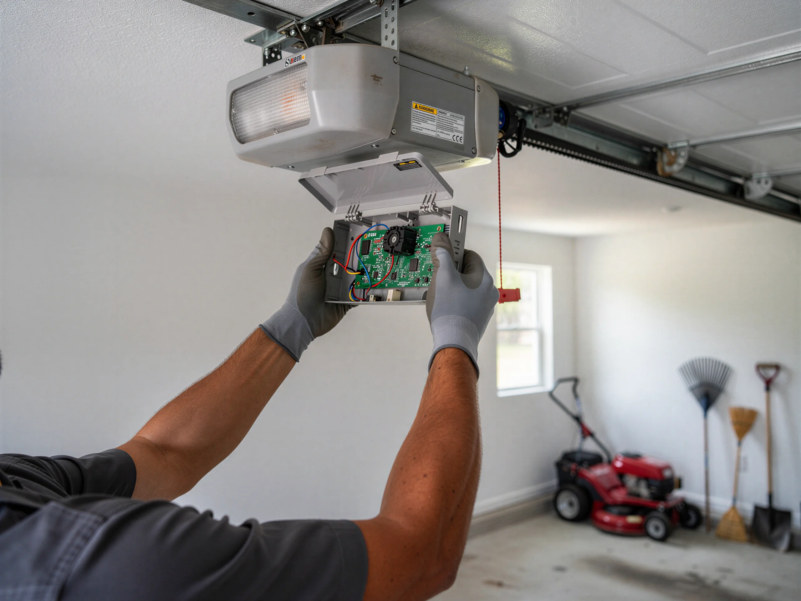 A technician in gray gloves holds a circuit board near a garage door opener.