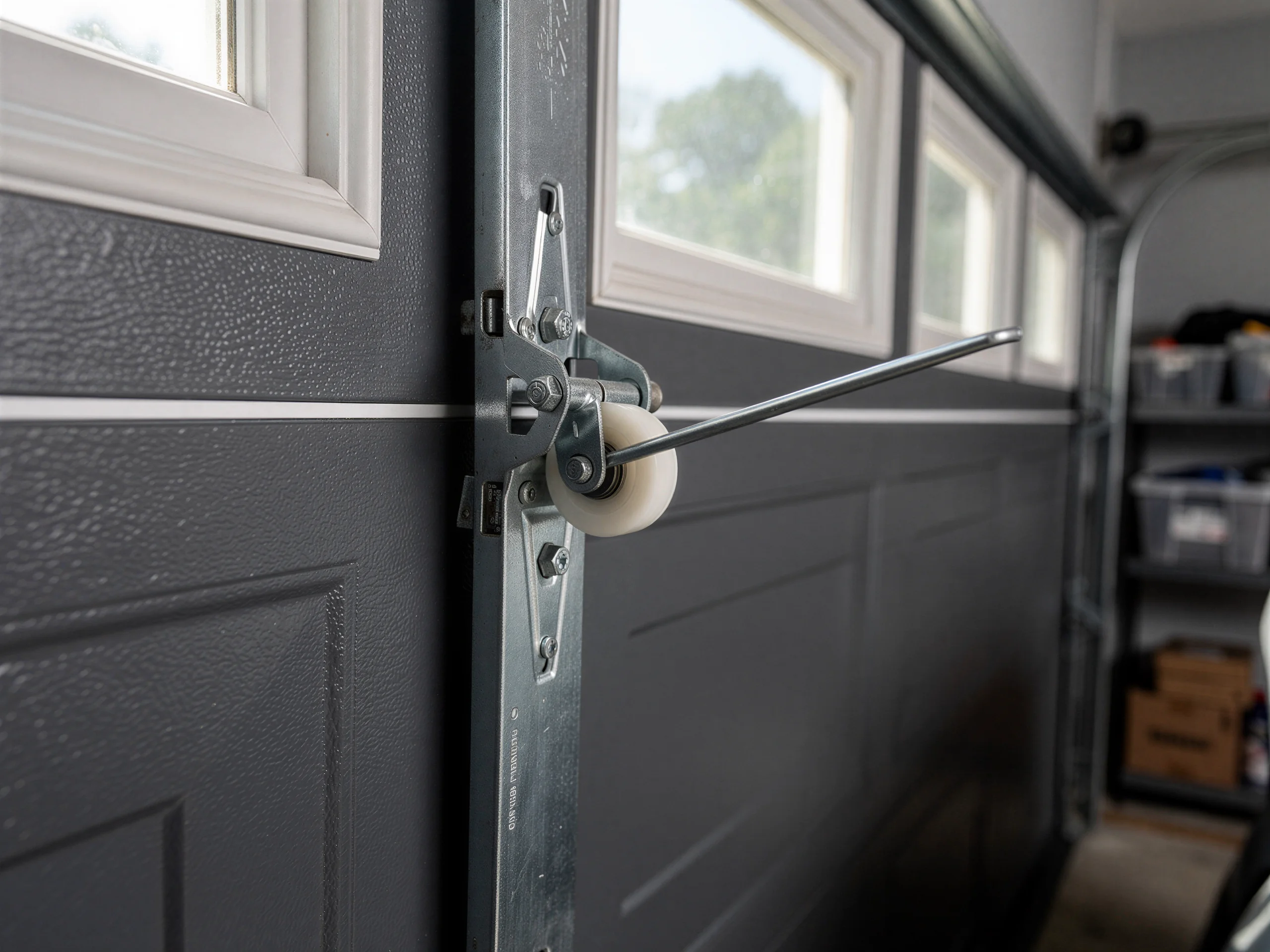 A garage door roller is attached to a dark gray garage door panel with windows.