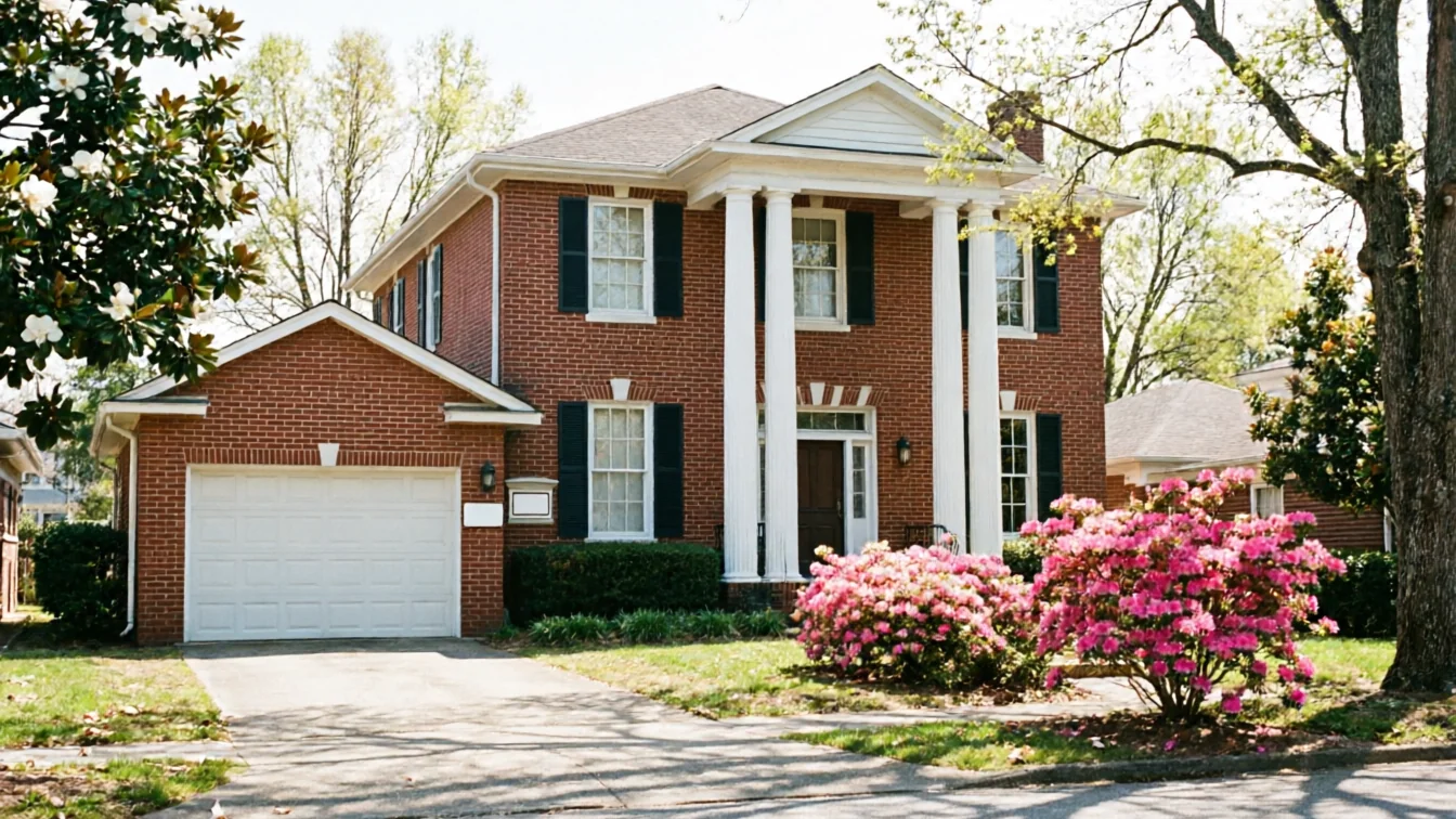 The house has a white garage door, brick exterior, and white columns.