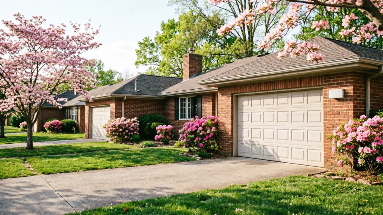 A row of brick houses with white garage doors and blooming pink trees.