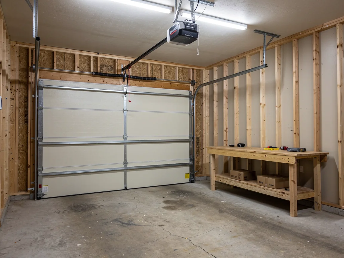 The garage door is closed, with an opener and a workbench visible inside.