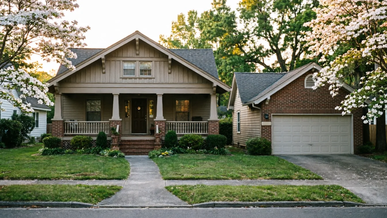 A house with a light-colored garage door and a blooming tree in the foreground.