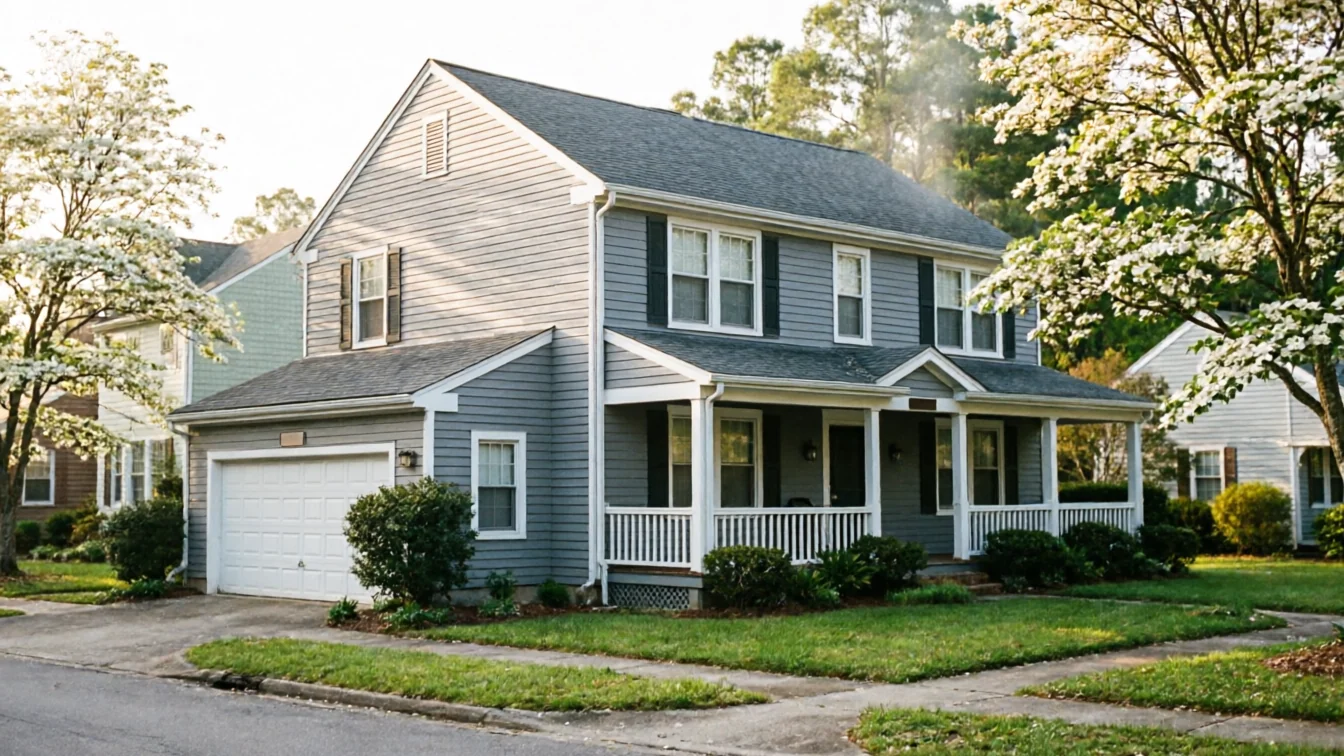 A gray house with a white garage door and a front porch.